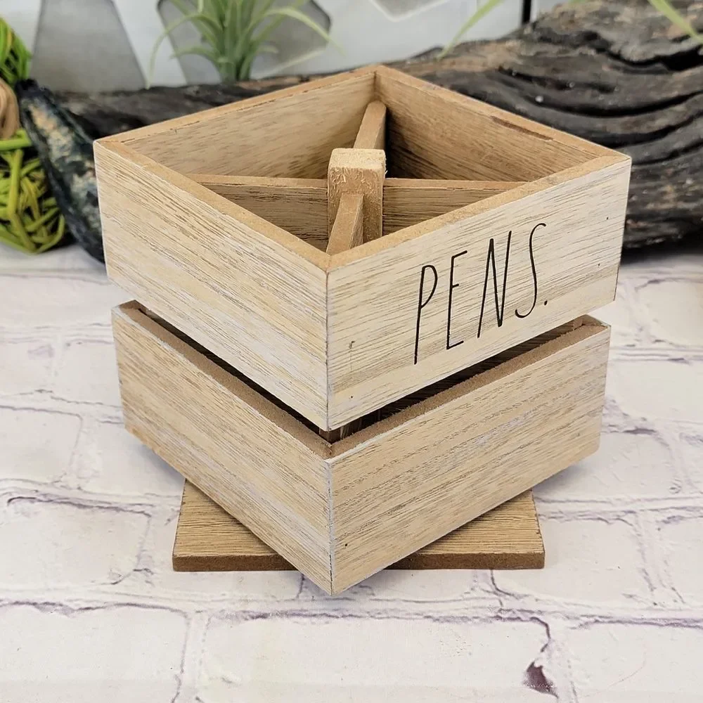 Rae Dunn PENS PENCILS Cup Spinning Wooden Holder